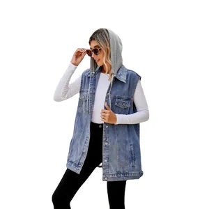 Casual women's oversized blue denim vest with grey hood for a retro street look.