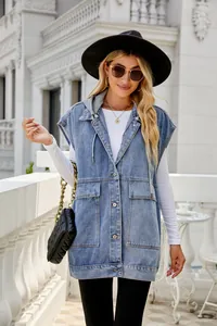 Full body shot of a woman styled in a trendy light blue hooded denim vest jacket