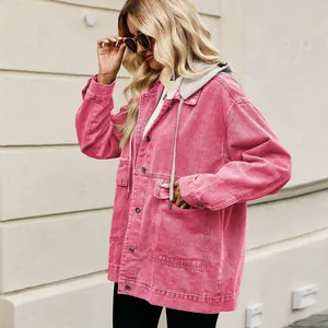 Stylish pink hooded denim jacket for women with a vintage loose-fit casual design.