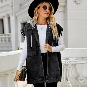 Womens trendy black hooded denim vest sleeveless jacket with large utility pockets