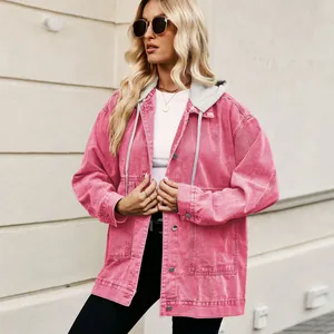 Detailed view of women's vintage pink hooded denim jacket with grey drawstring hood