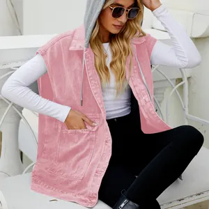 Detailed view of fashionable pink hooded denim vest sleeveless jacket for women