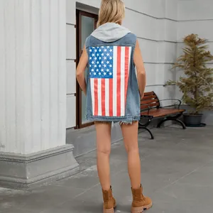Damen Vintage-Jeansweste mit Kapuze und US-Flaggen-Print auf dem Rücken für Outdoor
