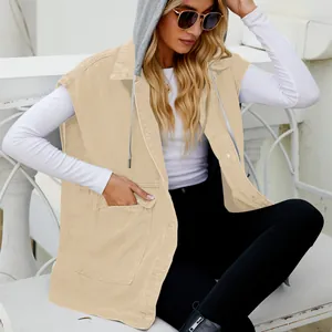 Fashionable khaki hooded denim vest for women, sleeveless summer streetwear style