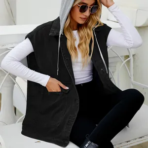 Detailed close-up of a stylish black sleeveless denim vest with a grey hood for women.