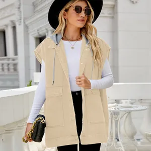 Stylish khaki denim hooded vest for women featuring casual outdoor styling details and pockets