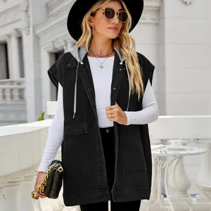 Stylish women's black denim hooded vest with large pockets and contrast drawstring