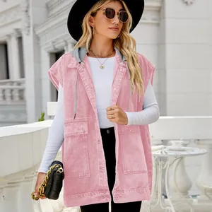 Fashionable pink denim hooded vest for women in a stylish outdoor street setting