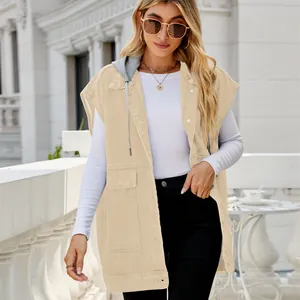 Stylish women's khaki hooded sleeveless denim vest with front pocket detail for summer wear