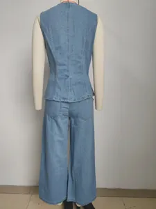 Back view of stylish light blue washed denim sleeveless vest and wide-leg pants set