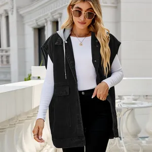 Stylish black hooded denim vest with drawstring details in a lifestyle outdoor setting