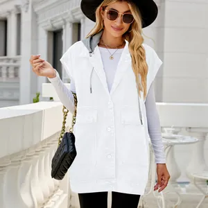 High-quality detail of women's white hooded denim vest with buttons and large pockets