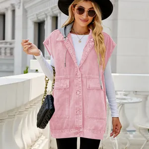 Fashionable pink hooded sleeveless denim vest for women in a street style setting