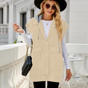 Trendy long sleeveless beige denim vest with grey hood and front pockets for women