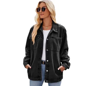 Stylish retro washed black denim jacket for women, loose fit casual outerwear