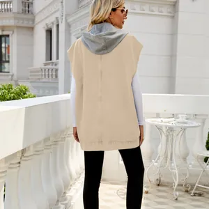 Fashionable women's sleeveless hooded denim vest in khaki and grey shown from back