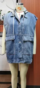 Front view of oversized women's hooded denim vest with large pockets on mannequin