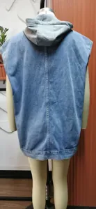 High-quality detailed back view of a casual loose-fit blue denim hooded vest for women