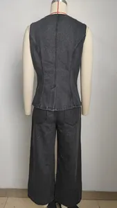 Back view of washed black denim two-piece set with vest and wide-leg trousers
