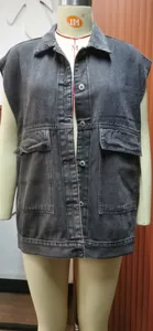 Front view of a washed black women's denim vest on a mannequin, sleeveless design.