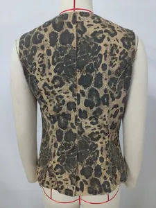 Detailed back view of a stylish leopard print washed denim sleeveless vest for women