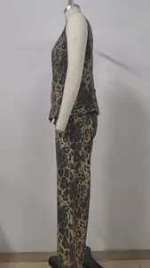 Elegant leopard print washed denim sleeveless vest and pants set for women's autumn fashion.