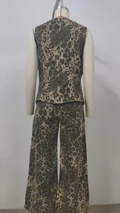 Back view of a women's leopard print denim sleeveless vest and wide-leg pants set.