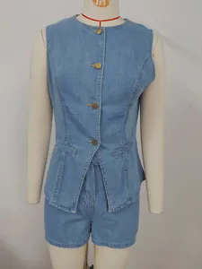 Women's washed blue denim vest and shorts two-piece set on mannequin