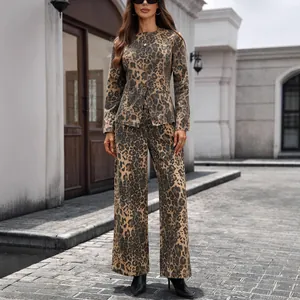 Chic leopard print denim two-piece set with long sleeve jacket and wide leg pants