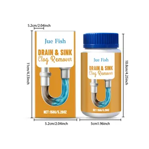 Detailed dimension specifications for drain and sink clog remover bottle and packaging box