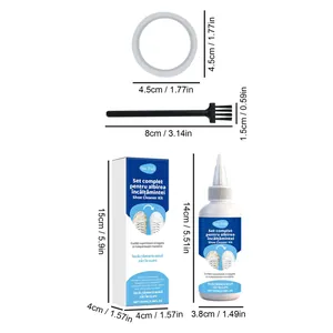 Shoe cleaning kit dimensions showing 100ml bottle, brush, and sponge measurements