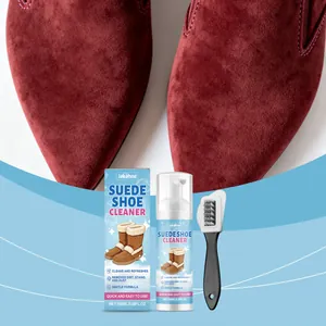 Detailed view of suede shoe cleaner kit with foam bottle and specialized cleaning brush
