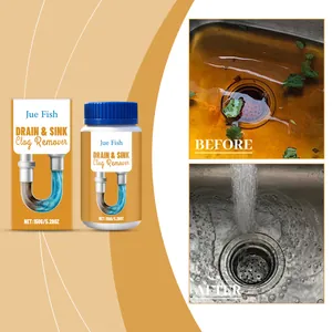 Jue Fish drain and sink clog remover powder with before and after comparison view