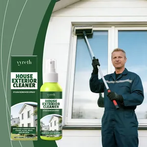 Detail view of vyreth House Exterior Cleaner spray bottle and box in an outdoor setting
