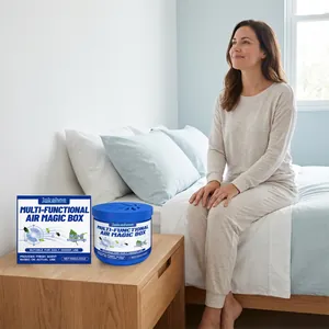 Jakehoe air magic box purifier on a wooden nightstand in a bright bedroom setting