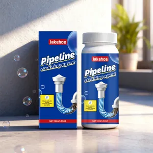 Detail view of Jakehoe pipeline cleaning agent packaging and 100g powder bottle