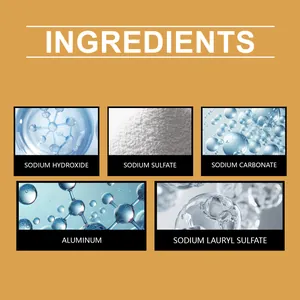 Detailed view of drain clog remover powder ingredients including Sodium Hydroxide and Aluminum.