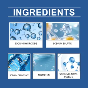 Detailed ingredient list including sodium hydroxide and aluminum for drain cleaner.