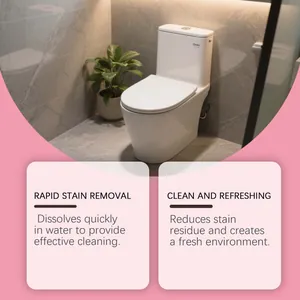 Detail showing rapid stain removal benefit of JAKEHOE toilet cleaning tablets in a bathroom