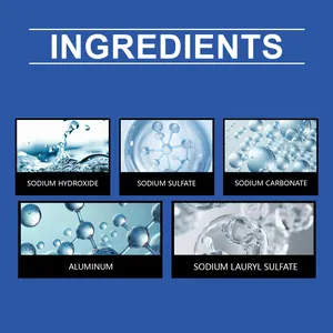 Detailed ingredient infographic for pipe dredging powder showing chemical components.
