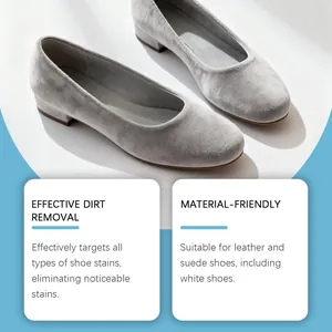 Detail view showing effective stain removal on grey suede pumps with material-friendly formula