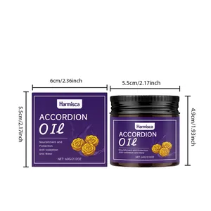 Harmisca accordion oil dimension diagram showing jar and box with precise measurements