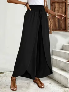 Detailed view of elegant black high-waisted wide-leg pants with a unique split design.