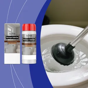 Close-up of Jue Fish drain cleaner packaging and functional toilet application scene