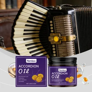 Detail view of Harmisca accordion care oil for musical instrument nourishment and protection.