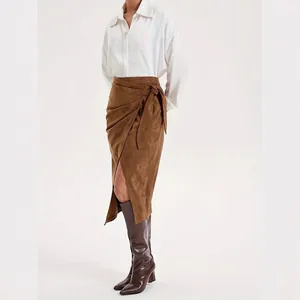 Elegant brown suede wrap midi skirt for women with side knot detail, solid color fashion