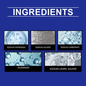 Detail showing core ingredients of Jue Fish drain cleaner including Sodium Hydroxide