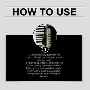 Step-by-step instructions for using Harmisca musical instrument care oil on piano surfaces.