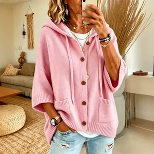 Damen Strickjacke Mit Knöpfen Und Kapuze Langarm Casual Kordelzug Strickwaren Top Mit Taschen Einfarbig Herbst Winter