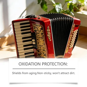 Premium musical instrument care oil protecting a red accordion from oxidation and aging